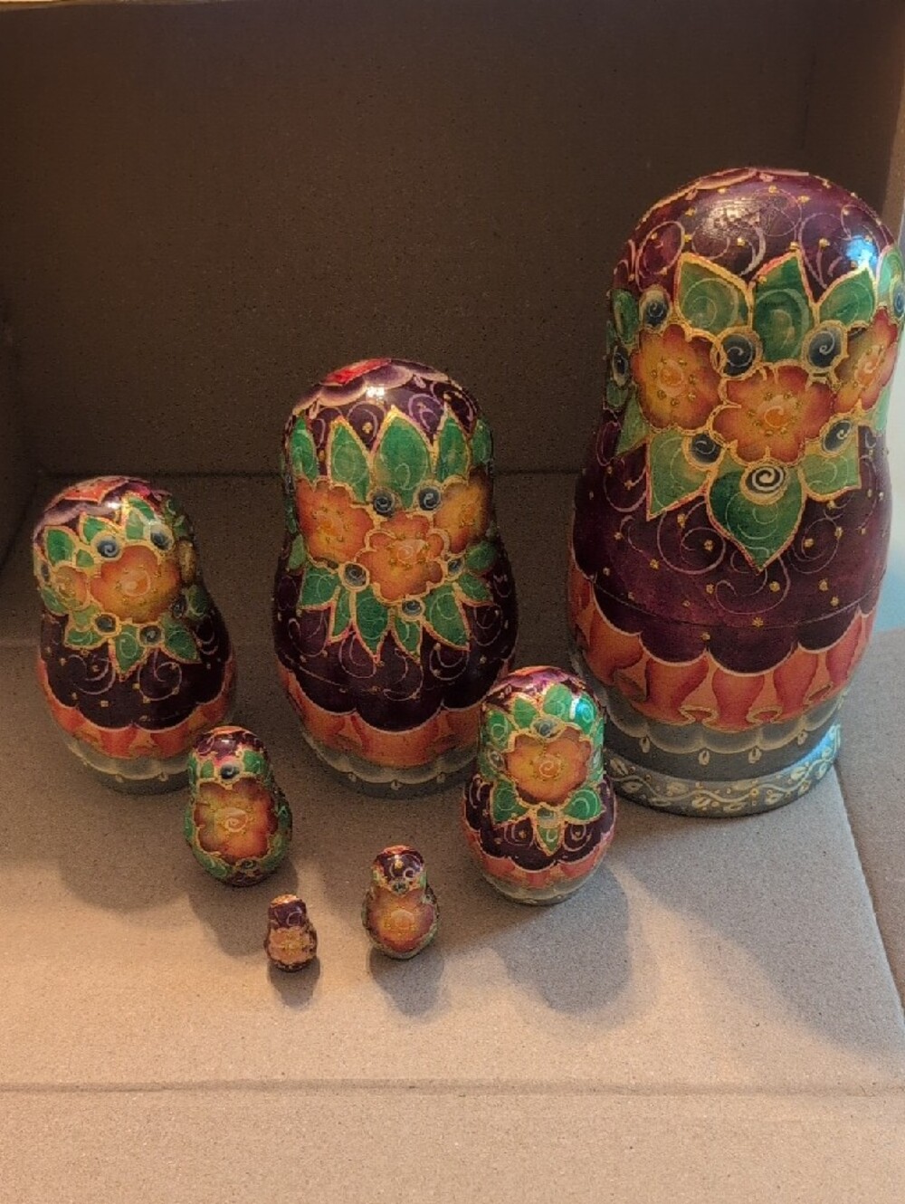 Hand-Painted Russian Nesting Doll - Pink & Purple Winter Scene - Picture 3 of 16